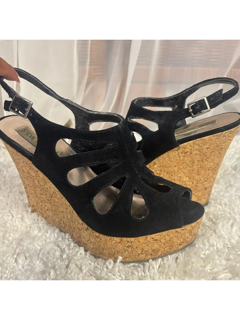 Steve Madden Black Suede Cork Wedge Platform Sandals Peep Toe Slingback